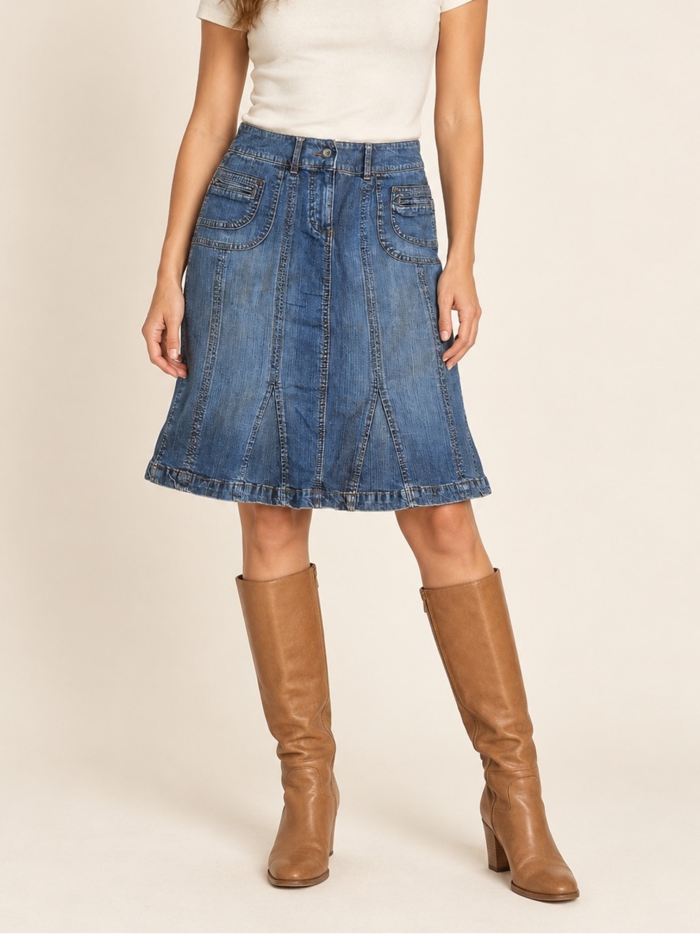 Contrast Y2K Denim A-Line Godet Skirt Size 9 Medium Wash
